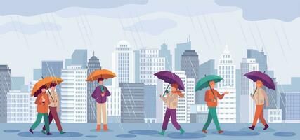 personas otoño lluvia. hombres y mujer caminar o en pie en lluvia con paraguas en ciudad paisajes, lluvioso día otoño temporada vector concepto
