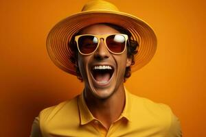 AI generated Stylish young man bathed in sunlight with sunglasses and hat, beautiful summer photo