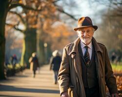 AI generated Graceful walk of an elderly man in the park, active seniors lifestyle images photo