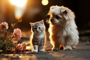 ai generado un foto de un linda pequeño blanco gato y un perrito lado por lado, mascota fotografía