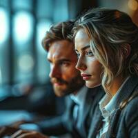 AI generated Business professionals gathered around a laptop for a meeting, business meeting image photo