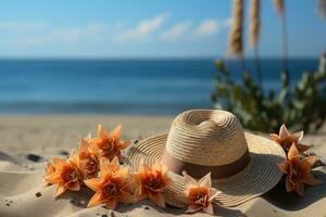 AI generated Tropical hat flip flops starfish and starfruit delight, summer season nature image photo