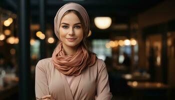 AI generated Attractive muslim businesswoman poses confidently with crossed arms, eid and ramadan images photo