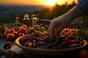 AI generated A picturesque scene of hands picking fresh dates at sunset, eid and ramadan images photo