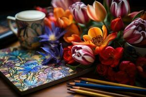 ai generado vibrante tulipanes artístico lapices y un café cuaderno crear un encantador composición, educativo foto