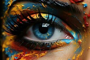 AI generated Beautiful woman eyes painted in vibrant colors, holi festival image download photo