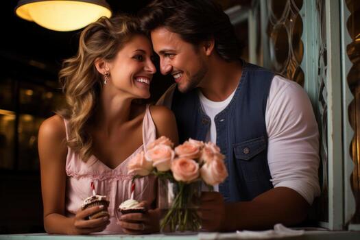 AI generated Couple cuts into a cake with delicate patterns in a garden setting, valentine, dating and love proposal image photo