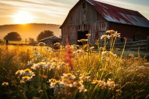 AI generated Sunrise fields rustic barn enveloped in wildflower hues, sunrise and sunset wallpaper photo