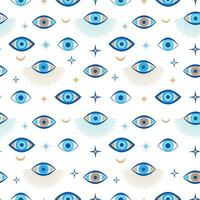 Evil eye seamless pattern. Magic talisman and occult symbol. Greek ethnic blue, white and golden third eyes. Flat vector abstract wallpaper