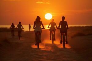 AI generated Sunset cyclists in warm evening light, sunrise and sunset wallpaper photo