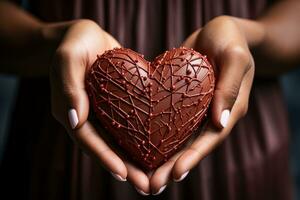 AI generated Hand dressed in delicate jewelry grasping a heart chocolate, engagement, wedding and anniversary image photo