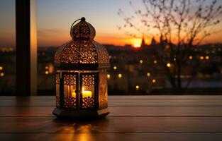 AI generated A lantern casting warm light in the twilight, eid and ramadan images photo