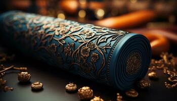 AI generated Luxurious black and gold embroidery on a stylish mat, eid and ramadan images photo