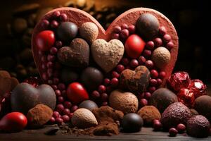 ai generado entrar un reino de corazón conformado trufas mediante un chocolate arco, enamorado, Fechado y amor propuesta imagen foto