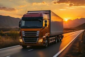 AI generated Truck journey along the sunset road, sunrise and sunset wallpaper photo