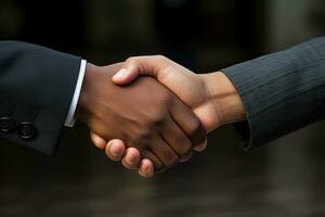 AI generated Two professional men shake hands in a business agreement on a black background, business meeting image photo