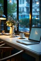 AI generated Productive work environment with a laptop and a stylish white cup, business meeting image photo