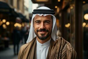 ai generado tradicional árabe atuendo exhibido por confidente hombre al aire libre, eid y Ramadán imágenes foto