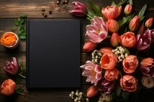 ai generado un encantador escena con un negro cuaderno tulipanes y un lápiz en un de madera superficie, educativo foto