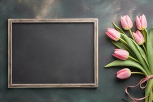 ai generado encantador tulipanes y un presente en un caprichoso pizarra, educativo foto