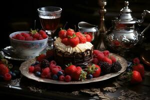ai generado fresas sumergido en chocolate servido en un grandioso victoriano estilo, compromiso, Boda y aniversario imagen foto