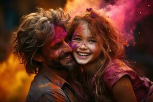 AI generated Father and child playing with colors celebrating holi, holi festival image download photo