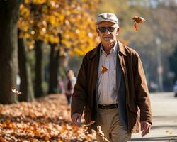 AI generated An elderly man in the park, active seniors lifestyle images photo