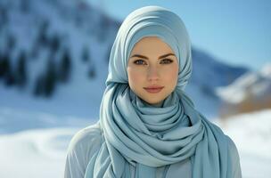 AI generated Serene elegance portrayed by a young woman in a stylish blue hijab, eid and ramadan images photo