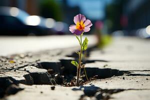 AI generated A flower rises through the cracks, environmental images photo