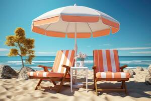 AI generated Inviting white chair and umbrella ensemble, relaxing summer scene photo