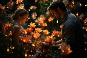 AI generated Magical garden proposal with a radiant bouquet, engagement, wedding and anniversary image photo