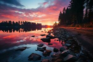 AI generated Sunrise chromatic vibrant reflections on serene lake, sunrise and sunset wallpaper photo