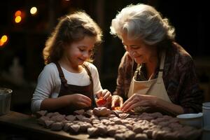 ai generado abuela y nieto compartir un especial momento creando corazón conformado galletas continuo familia tradiciones, compromiso, Boda y aniversario imagen foto