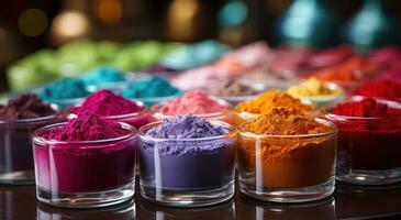 AI generated Spectrum of powders in cup on colorful table, holi festival image download photo