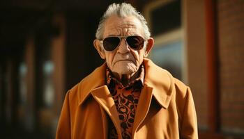 AI generated Aged man flaunting tan coat and shades, active seniors lifestyle images photo