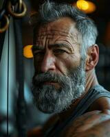 AI generated Elderly man with a beard working out, active seniors lifestyle images photo