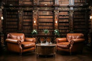 AI generated Grand library proposal with leather chairs and literary atmosphere, valentine, dating and love proposal image photo