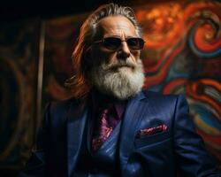 AI generated Bearded gentleman in chic suit and glasses, active seniors lifestyle images photo