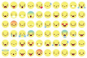 plano emoji caras. plano emoticon sonriente avatares con diferente cara emociones feliz, triste y parpadeo, enojado gracioso mensaje vector íconos conjunto