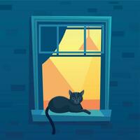 gato acostado en iluminado arriba ciudad Departamento abierto ventana a noche tiempo. negro gatito personaje teniendo descanso en antepecho vector