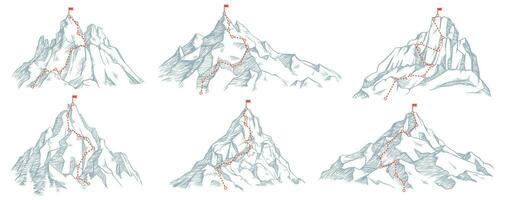 Sketch route to mountain peak. Hand drawn sketch mountains, path to top and climbing journey plan vector illustration set