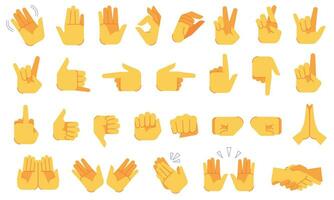 Emoji hand gestures. Different hands signals and signs, ok and victory, peace and handshake, applause, gesture symbols vector icons set