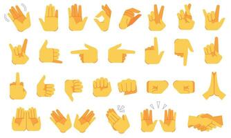 Emoji hand gestures. Different hands signals and signs, ok and victory, peace and handshake, applause, gesture symbols vector icons set