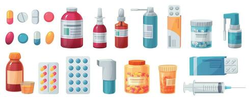 Cartoon medications. Medical drugs, tablets, capsules and prescription bottles. Blisters, syringe and painkiller drug vector pharmacy set