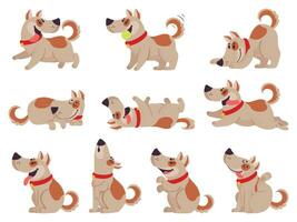 Cartoon dog. Cute dogs in daily routine eating, jumping wiggle and sleeping, running and barking, different poses pet activity vector set.