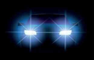 Car lights. Night urban scene with automobile or vehicle silhouette with bright shining headlights. Auto front vector