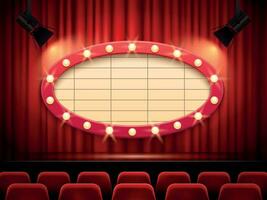 Theater frame illuminated by spotlight. Retro cinema sign with border decorated with lamps on red curtains vector