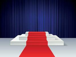 Red carpet to podium. Realistic empty pedestal for award ceremony with illumination, platform for show, cinema presentation vector concept