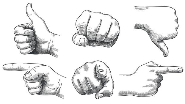 Engraved hands gesture. Hand drawn like and dislike, sketch punch and pointing finger. Vintage hand pointer vector illustration set