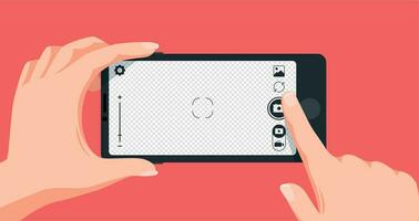 Taking photo with smartphone. Finger touching mobile phone screen to make picture. Pressing camera button. vector